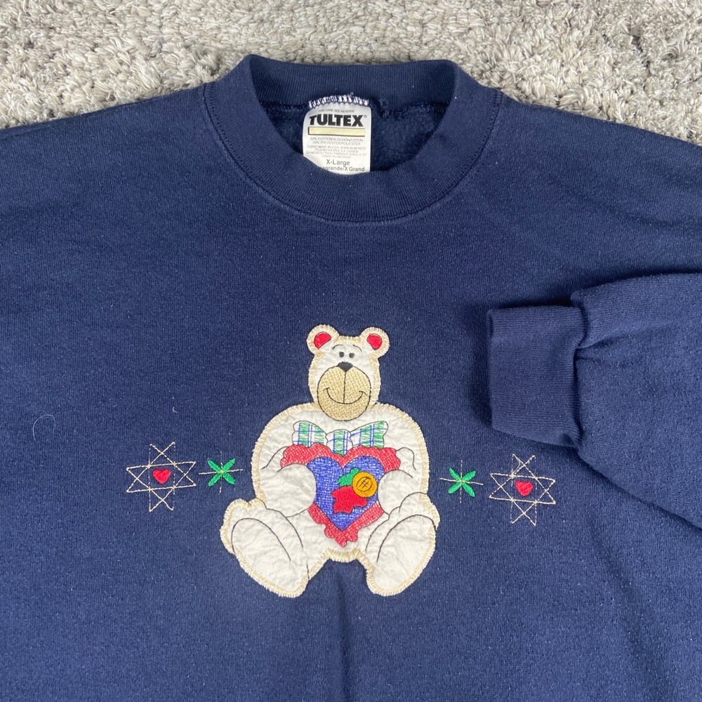 Vintage Tultex Sweatshirt Mens XL Navy Blue Polar Bear Embroidered Crewneck 90s